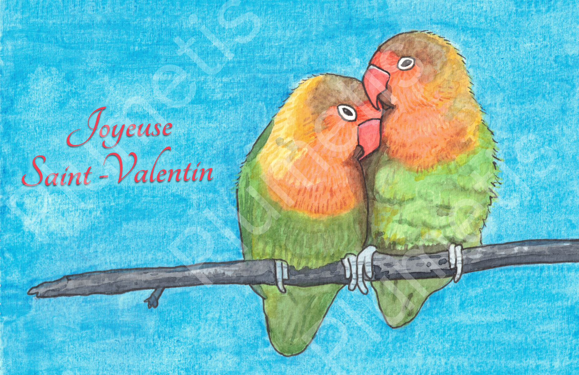 La carte de Saint-Valentin Plumetis, avec des inséparables qui se bécotent.